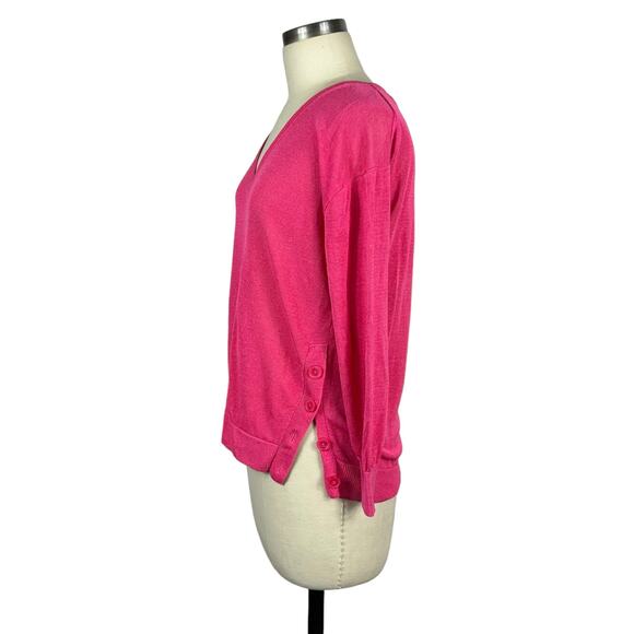 J CREW Neon Pink V-Neck Sweater Side Buttons Linen Blend Women's Size Medium - Picture 2 of 6